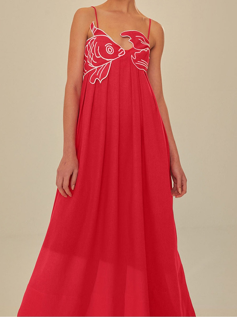 Embroidered Fish Semi-Sheer Cami Maxi Dress Red Size Small